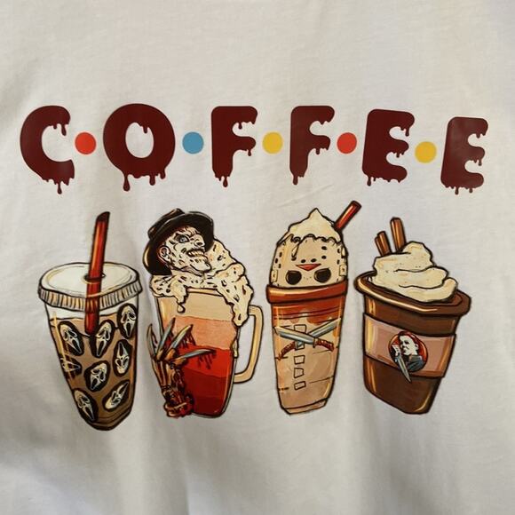 New White Plus size Coffee Themed Horror movie character Print Graphic Tee XL 12 - Picture 1 of 4